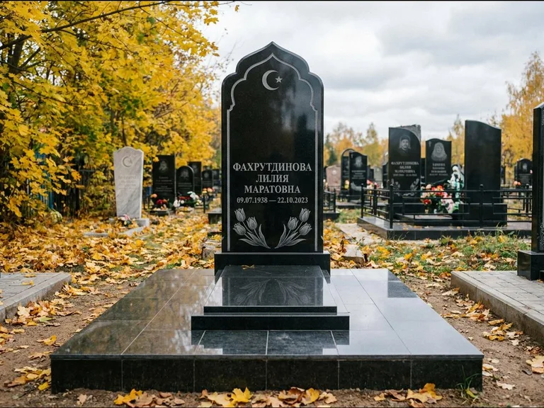 Мусульманский памятник: стела с михраб-навершием в форме арки — гравировка минарета с полумесяцем, гранитный цоколь с тёмной плиткой, работа «Фахрутдинова» в Ярославле