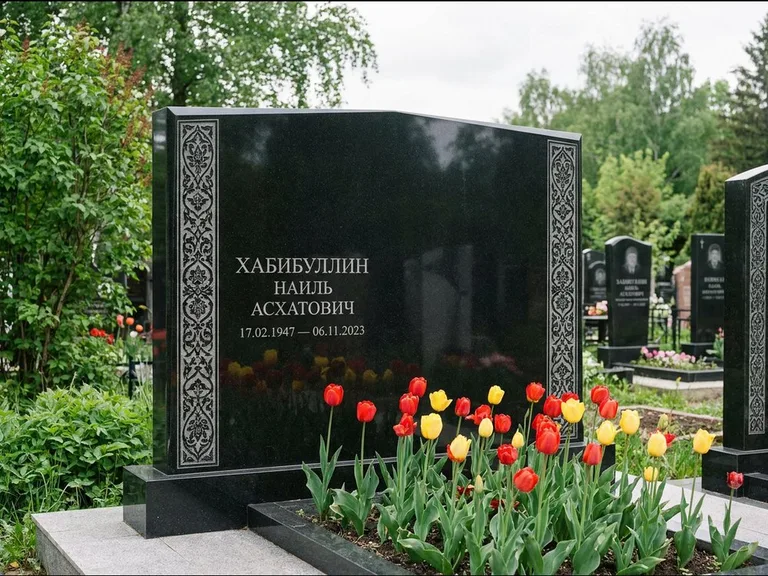 Мусульманский памятник: широкая двойная семейная стела — золочёная гравировка мечети, цветник с тюльпанами, работа «Хабибуллин» в Ярославле