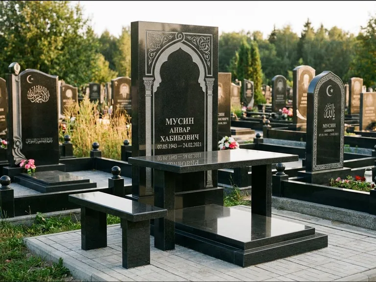 Мусульманский памятник: стела с гранитным столиком и скамьёй — гравировка мечети под полумесяцем и звёздами, семейный участок с плиткой, работа «Гимаев» в Ярославле