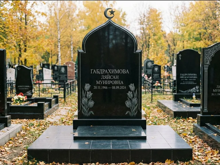 Мусульманский памятник: массивная стела с михраб-навершием — белая гравировка силуэта мечети с минаретами, цоколь тёмной плиткой, работа «Магомедова» в Ярославле