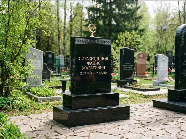 Мусульманский памятник: ступенчатая трёхуровневая стела — золочёная гравировка мечети, дорожка из природного плитняка, работа «Мустафин» в Ярославле