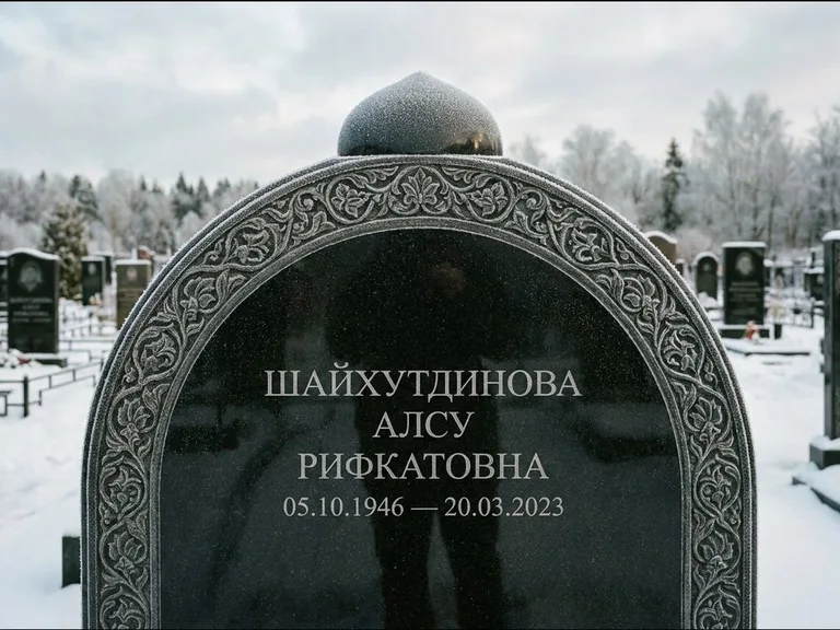 Мусульманский памятник: полукруглая стела с купольным навершием — гравировка мечети под полумесяцем и звёздами, заснеженный зимний участок, работа «Ганиева» в Ярославле