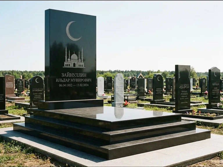 Мусульманский памятник: массивная стела на ступенчатом постаменте — гравировка мечети под полумесяцем и звёздами, гранитная площадка без ограды, работа «Хабибуллин» в Ярославле