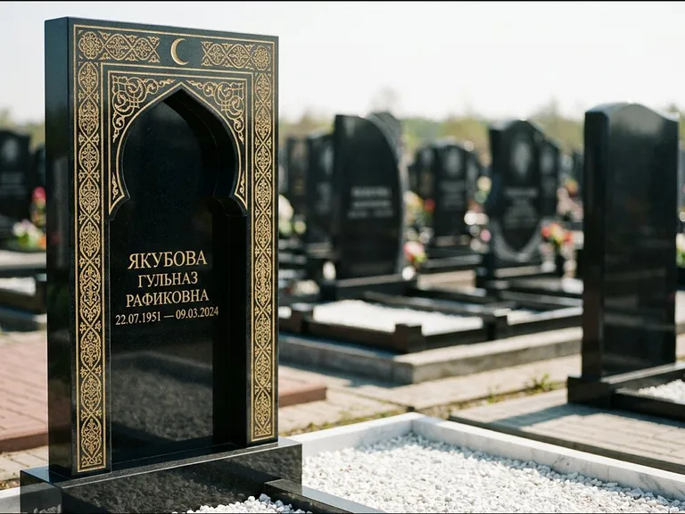 Мусульманский памятник: стела в форме михраба с глубокой нишей и золочёным орнаментом — детализированная гравировка мечети Кул-Шариф, участок с белой мраморной крошкой, работа «Мустафин» в Ярославле