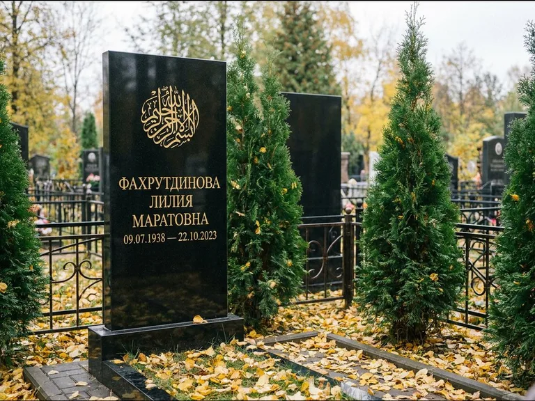Мусульманский памятник — шахада в верхней части стелы, работа «Фахрутдинова» в Ярославле