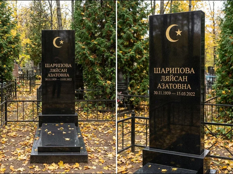 Памятник с гравировкой полумесяца — золочёная гравировка полумесяца со звездой в верхней части с, работа «Шарипова» в Ярославле