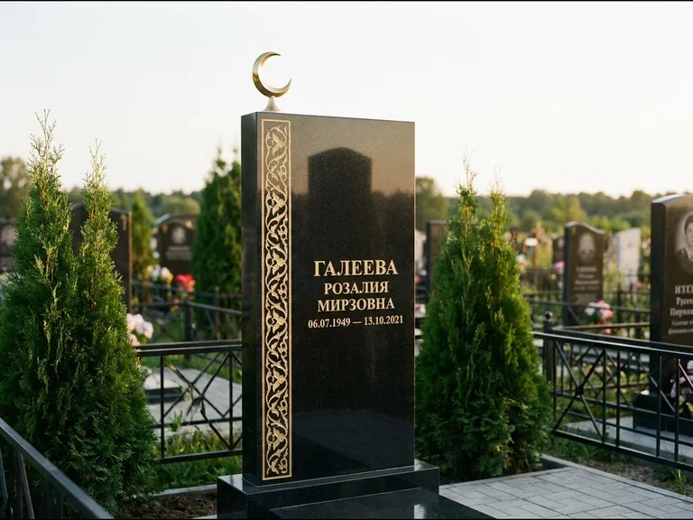 Памятник с гравировкой полумесяца — золочёный полумесяц и колонна растительного орнамента-ислими, работа «Галеева» в Ярославле