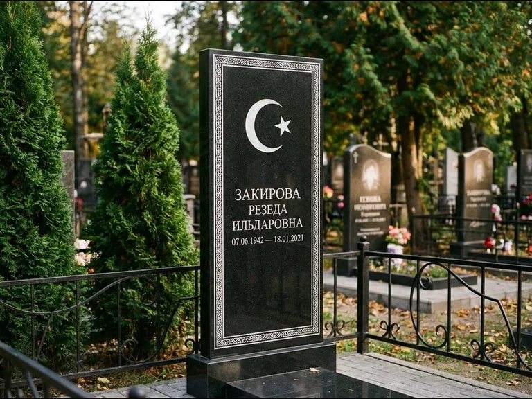 Памятник с гравировкой полумесяца — строгая белая гравировка полумесяца со звездой и орнаменталь, работа «Закирова» в Ярославле