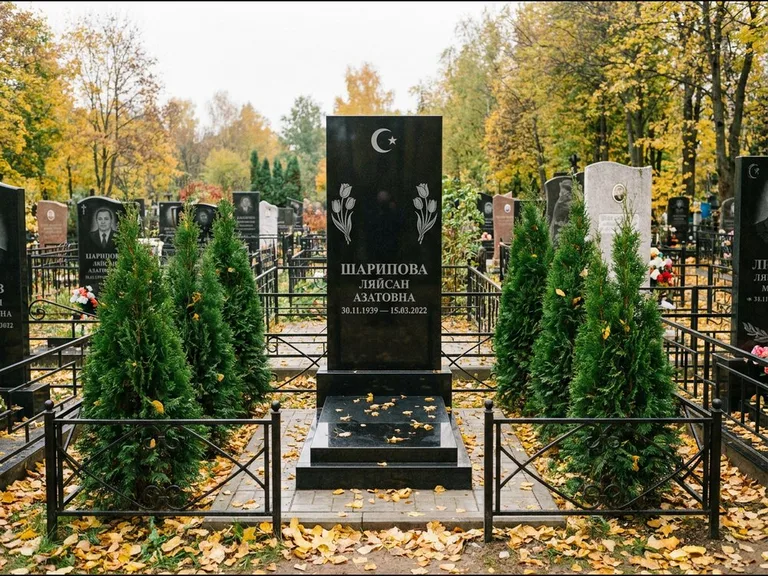 Памятник с гравировкой полумесяца — гравировка полумесяца со звездой и тюльпанами по бокам, работа «Шарипова» в Ярославле
