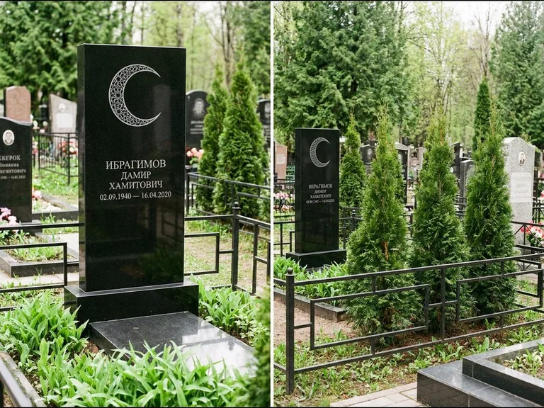 Памятник с гравировкой полумесяца — гравировка полумесяца в геометрическом орнаменте-гирихе, работа «Ибрагимов» в Ярославле