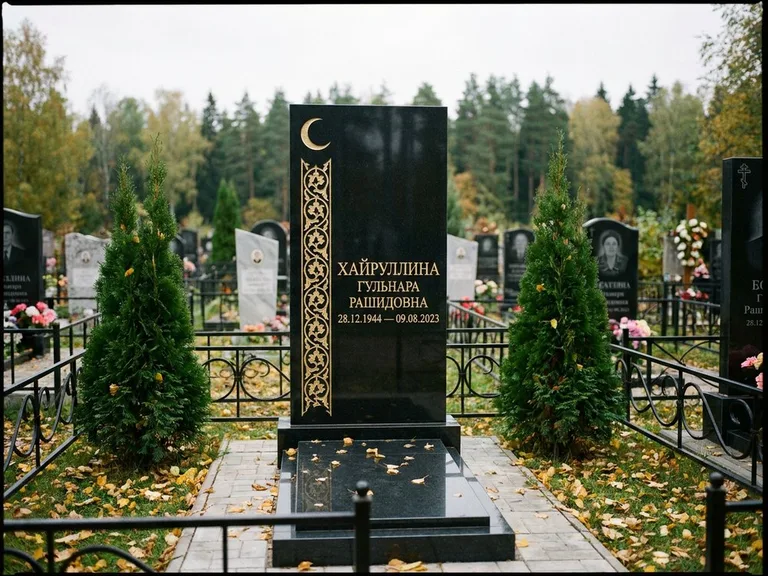Памятник с гравировкой полумесяца — золочёный полумесяц и колонна растительного орнамента-ислими, работа «Хайруллина» в Ярославле
