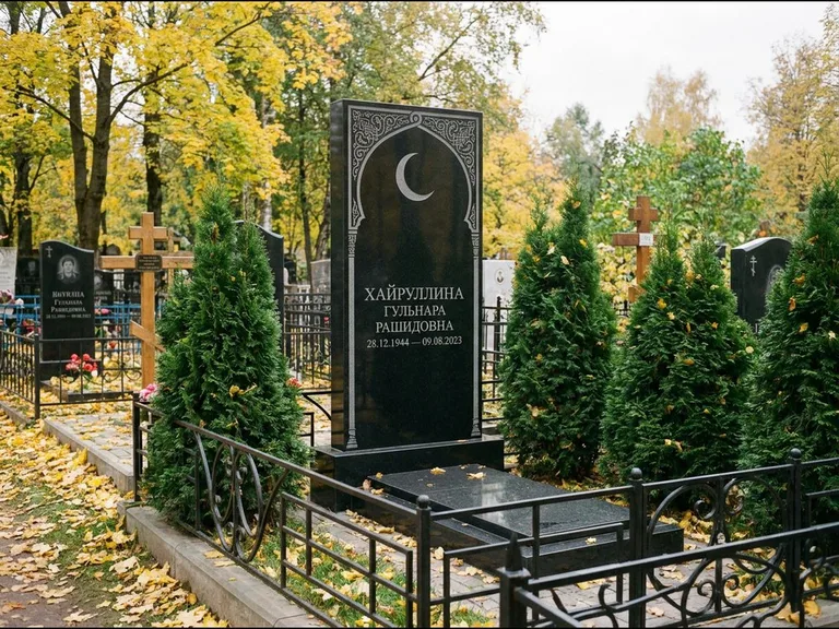 Памятник с гравировкой полумесяца — гравировка полумесяца в восточной арке с орнаментом, работа «Хайруллина» в Ярославле