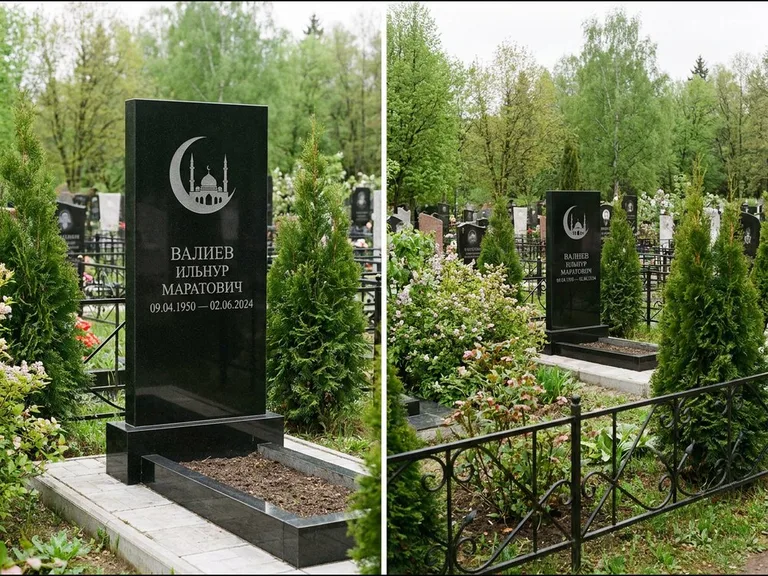 Памятник с гравировкой полумесяца — гравировка полумесяца над силуэтом мечети, работа «Валиев» в Ярославле