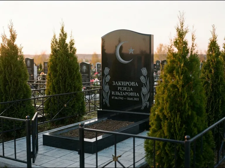 Памятник с гравировкой полумесяца — гравировка полумесяца со звездой и тюльпанами по бокам, работа «Закирова» в Ярославле