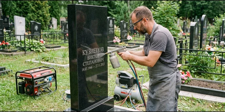 Гравировка на памятнике с выездом на кладбище в Ярославле — мастер гравирует установленный памятник