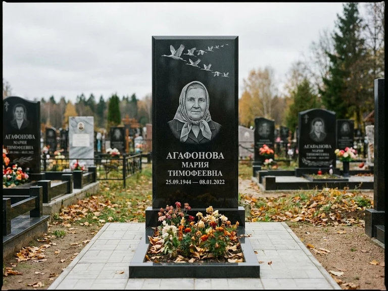 Гравировка журавлей на памятник в Ярославле — памятник из чёрного гранита с гравировкой