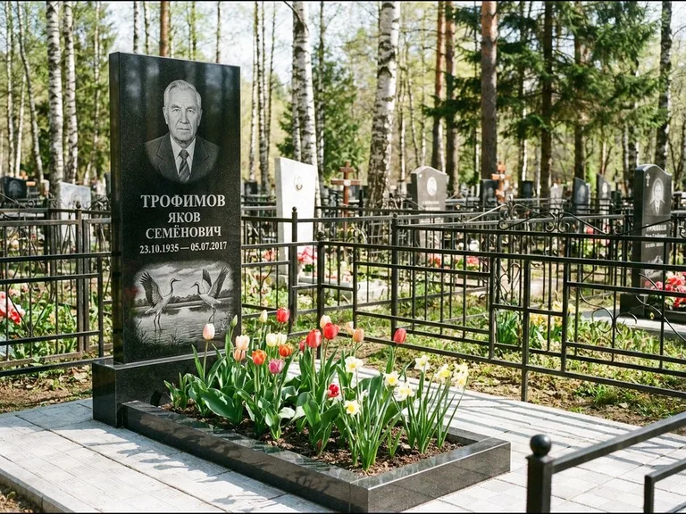 Памятник с гравировкой журавлей — гравировка пары журавлей над гладью озера в нижней части, работа «Трофимов» в Ярославле