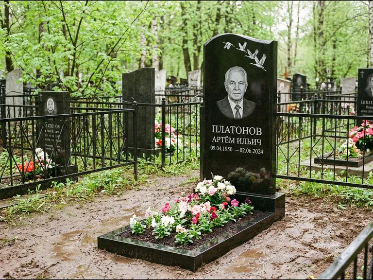 Памятник с гравировкой журавлей — белая гравировка клина журавлей, уходящего в верхний угол ст, работа «Платонов» в Ярославле