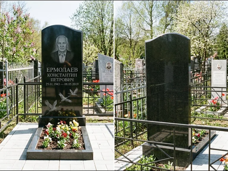 Памятник с гравировкой журавлей — гравировка трёх журавлей по диагонали через свободное поле с, работа «Ермолаев» в Ярославле