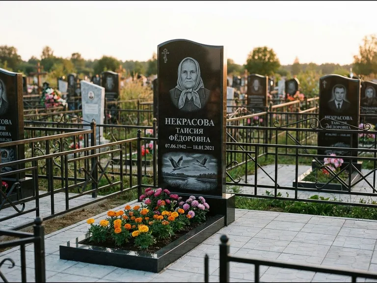Памятник с гравировкой журавлей — гравировка пары журавлей над гладью озера в нижней части, работа «Некрасова» в Ярославле