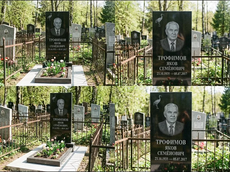 Памятник с гравировкой журавлей — гравировка одиночного летящего журавля над портретом, работа «Трофимов» в Ярославле