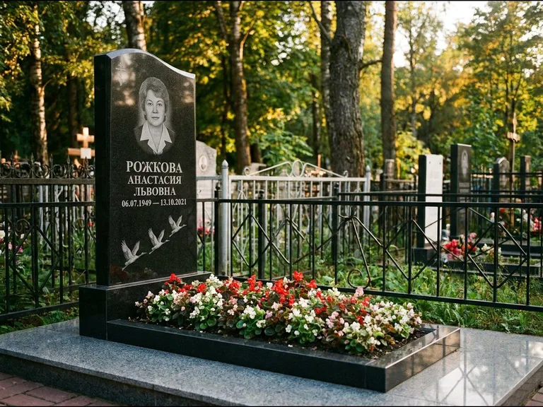 Памятник с гравировкой журавлей — гравировка трёх журавлей по диагонали через свободное поле с, работа «Рожкова» в Ярославле