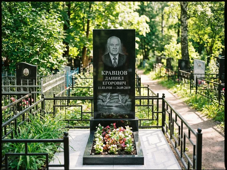 Памятник с гравировкой журавлей — гравировка пары журавлей над гладью озера в нижней части, работа «Кравцов» в Ярославле