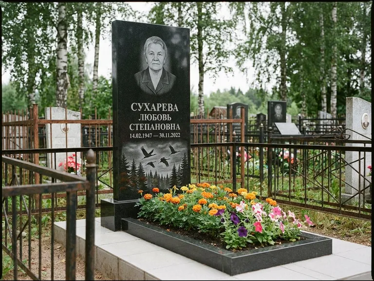 Памятник с гравировкой журавлей — гравировка силуэтов журавлей над еловым лесом, работа «Сухарева» в Ярославле