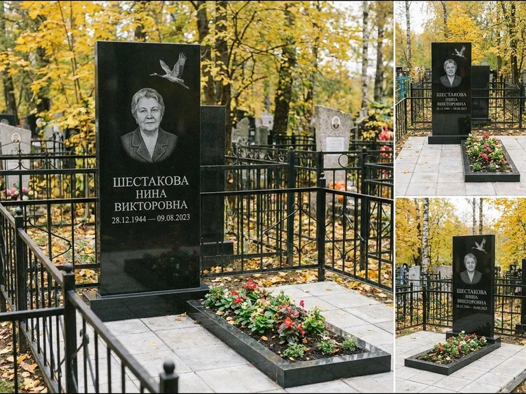 Памятник с гравировкой журавлей — гравировка одиночного летящего журавля над портретом, работа «Шестакова» в Ярославле