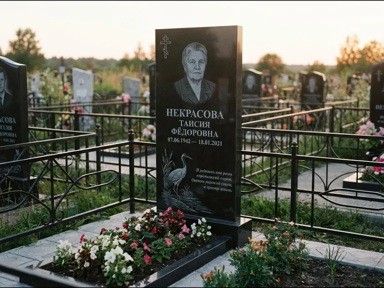 Памятник с гравировкой журавлей — гравировка журавля у камышей рядом с эпитафией, работа «Некрасова» в Ярославле
