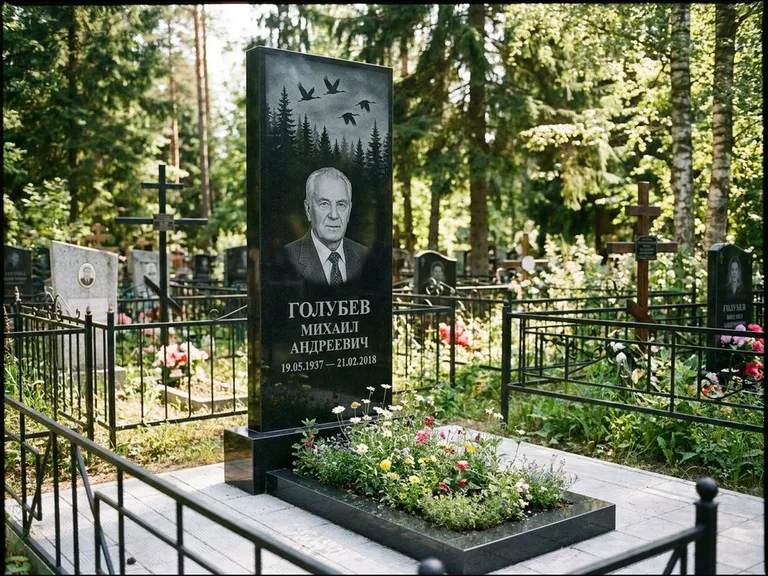 Памятник с гравировкой журавлей — гравировка силуэтов журавлей над еловым лесом, работа «Голубев» в Ярославле