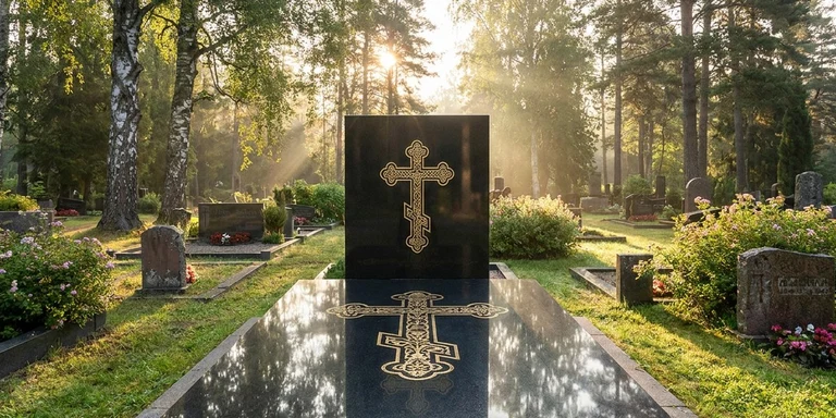 Гравировка креста на памятнике в Ярославле — православный восьмиконечный крест на граните