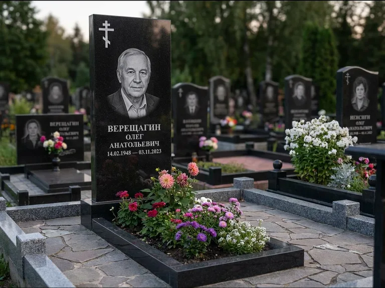 Памятник из чёрного гранита — горизонтальная плита-стела с православным восьмиконечным крестом, работа «Тихонов» в Ярославле
