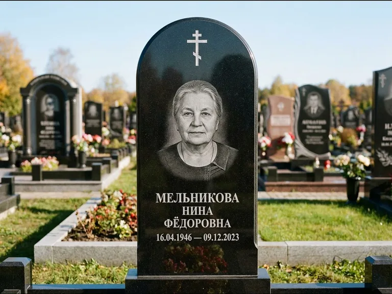 Памятник из чёрного гранита — стела с резным навершием с латинским крестом, работа «Савельева» в Ярославле