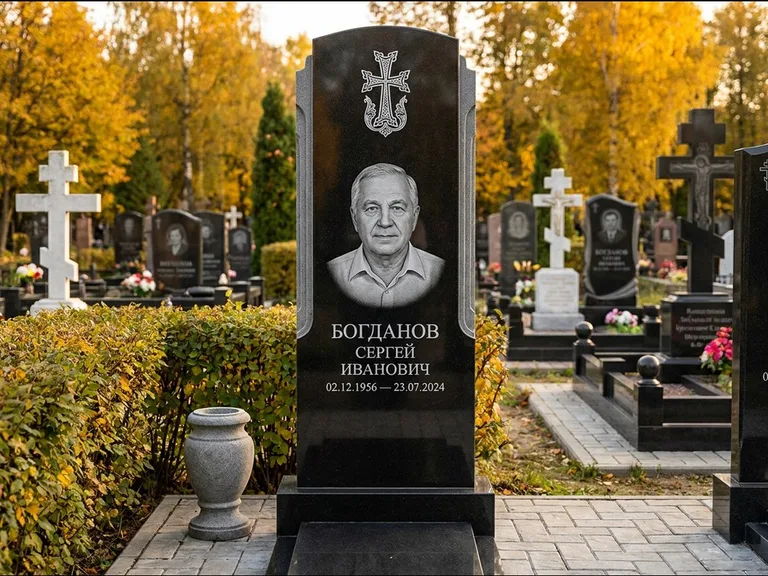 Памятник из чёрного гранита — круглая стела-медальон с армянским хачкаром, работа «Ковалёв» в Ярославле