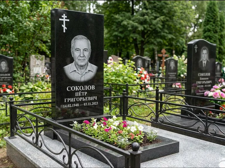 Памятник из чёрного гранита — стела с арочным верхом с православным восьмиконечным крестом, работа «Ковалёв» в Ярославле