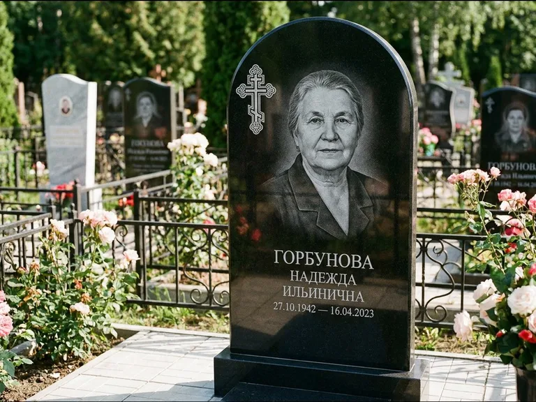 Памятник из чёрного гранита — стела с боковой колонной с крестом в лучах, работа «Мельникова» в Ярославле