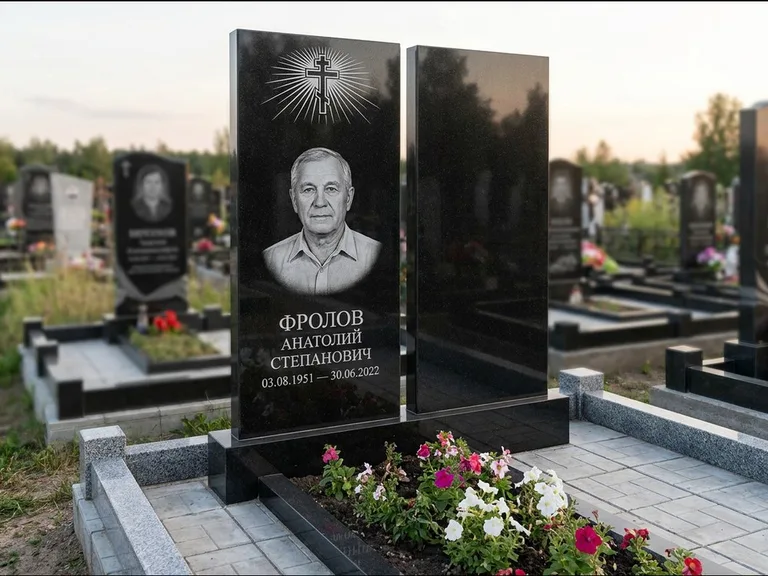 Памятник из чёрного гранита — стела на ступенчатом постаменте с золочёным крестом, работа «Богданов» в Ярославле