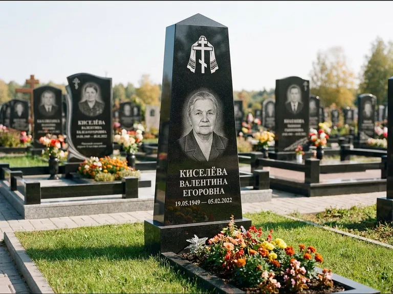 Памятник из чёрного гранита — стела со скошенным верхом с ажурным резным крестом, работа «Селезнёва» в Ярославле