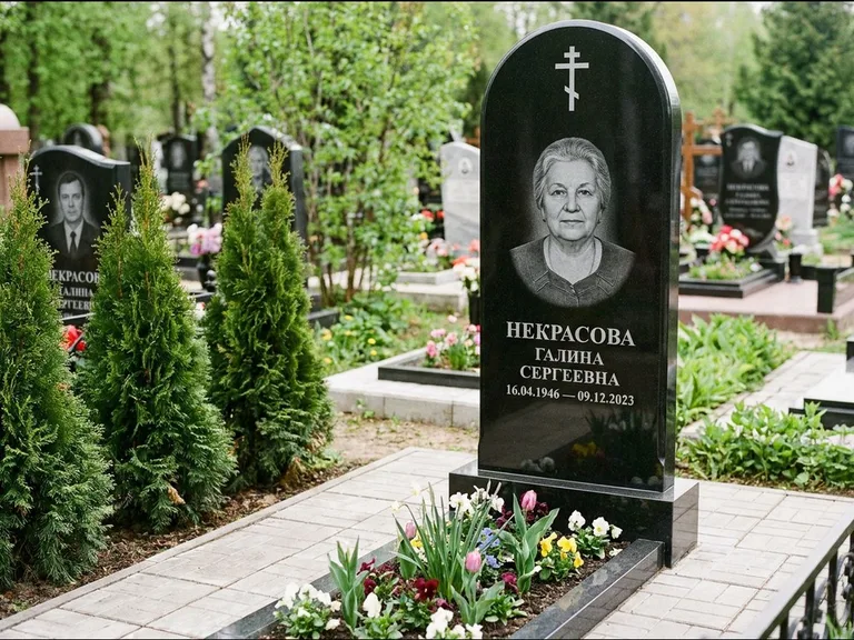Памятник из чёрного гранита — стела с цветником-плитой с латинским крестом, работа «Лаврентьева» в Ярославле