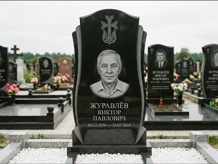 Памятник из чёрного гранита — панорамная стела с армянским хачкаром, работа «Тихонов» в Ярославле