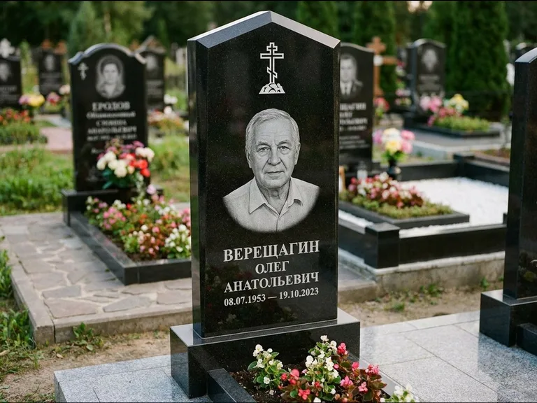 Памятник из чёрного гранита — обелиск-колонна с крестом на Голгофе, работа «Ковалёв» в Ярославле