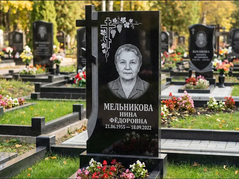 Памятник из чёрного гранита — стела с резной рамкой с крестом с распятием, работа «Некрасова» в Ярославле