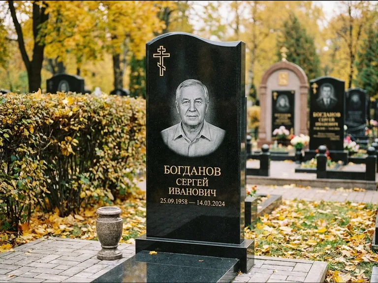 Памятник из чёрного гранита — стела с цветником с процветшим крестом с виноградной лозой, работа «Журавлёв» в Ярославле