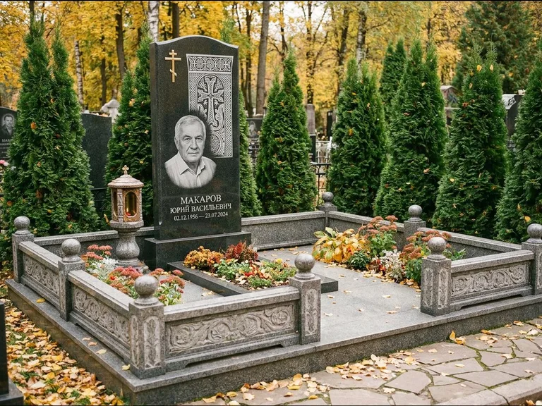 Памятник из чёрного гранита — стела с крестом и лампадой с армянским хачкаром, работа «Гущин» в Ярославле