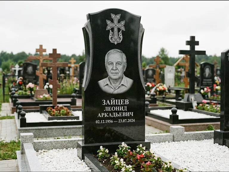 Памятник из чёрного гранита — семейная стела на двоих с армянским хачкаром, работа «Журавлёв» в Ярославле