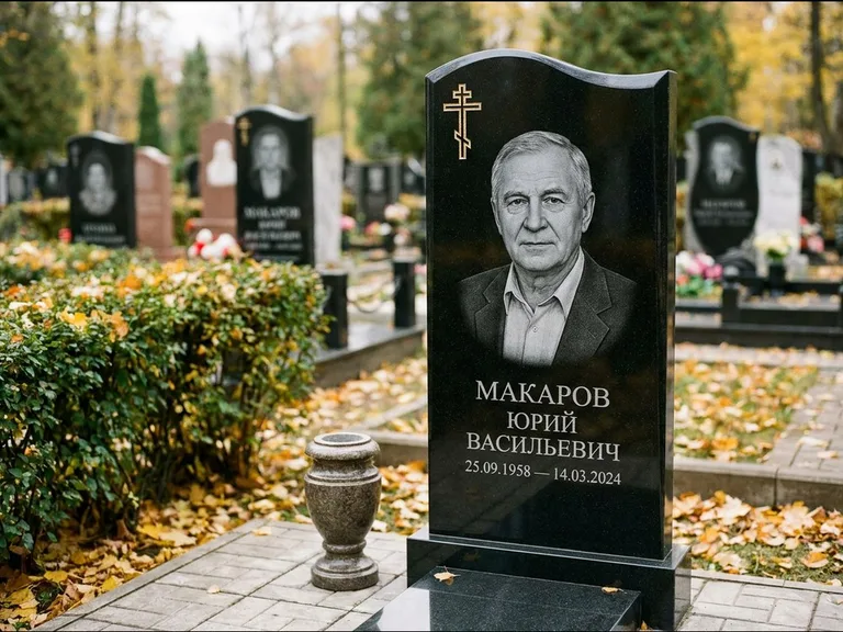 Памятник из чёрного гранита — фигурная стела с киот-нишей с процветшим крестом с виноградной лозой, работа «Богданов» в Ярославле