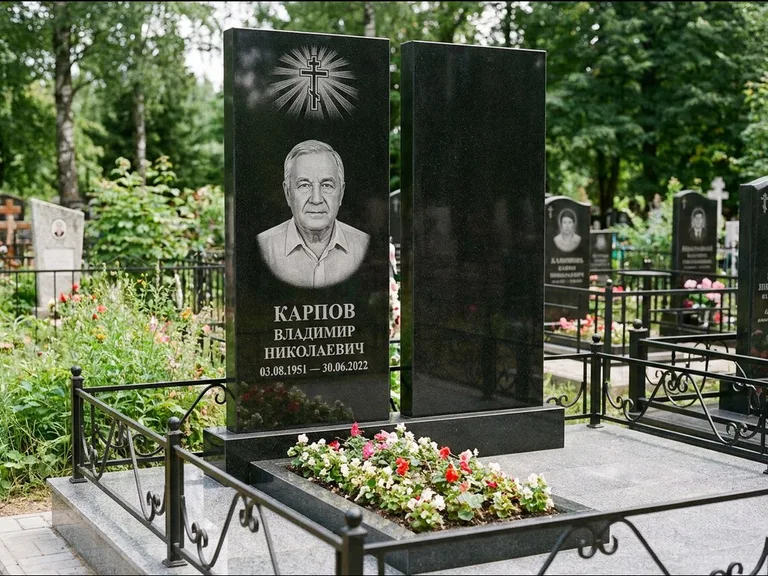 Памятник из чёрного гранита — ступенчатая стела с золочёным крестом, работа «Панкратов» в Ярославле