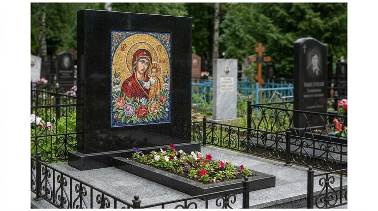 Мозаика на памятник в Ярославле — цветное панно из смальты на чёрной гранитной стеле
