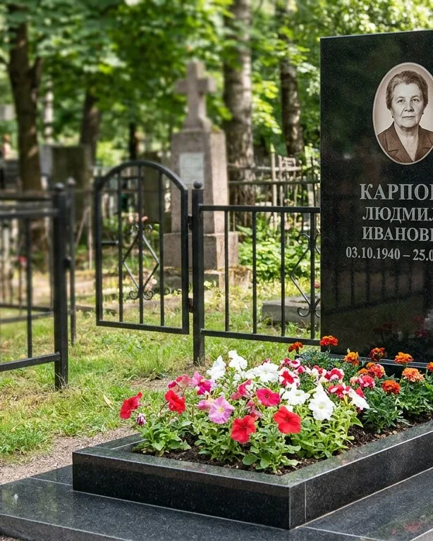 Памятник под ключ с низкой оградой и цветником в Ярославле